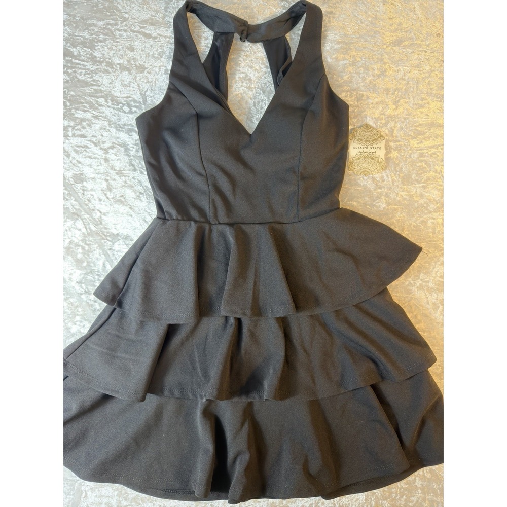 Altar'd State Black Tiered Ruffle Mini Dress XS Padded V Neck Party NWT